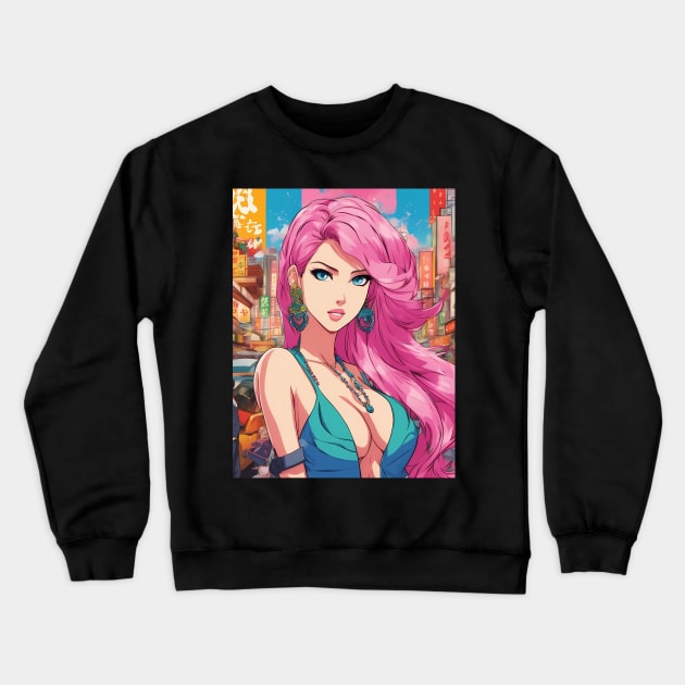 Anime Nation Colorful Pink Hair Beautiful  Style  Waifu Crewneck Sweatshirt by animegirlnft